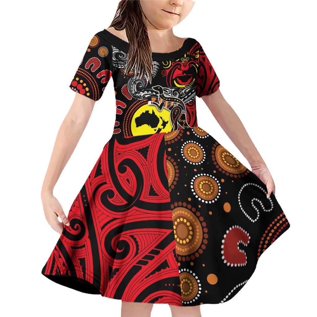 Aotearoa and Australia Toitu Te Tiriti Family Matching Off Shoulder Short Dress and Hawaiian Shirt Honour the Treaty - Stand Together Stand Stronger LT03 Daughter's Dress Black - Polynesian Pride