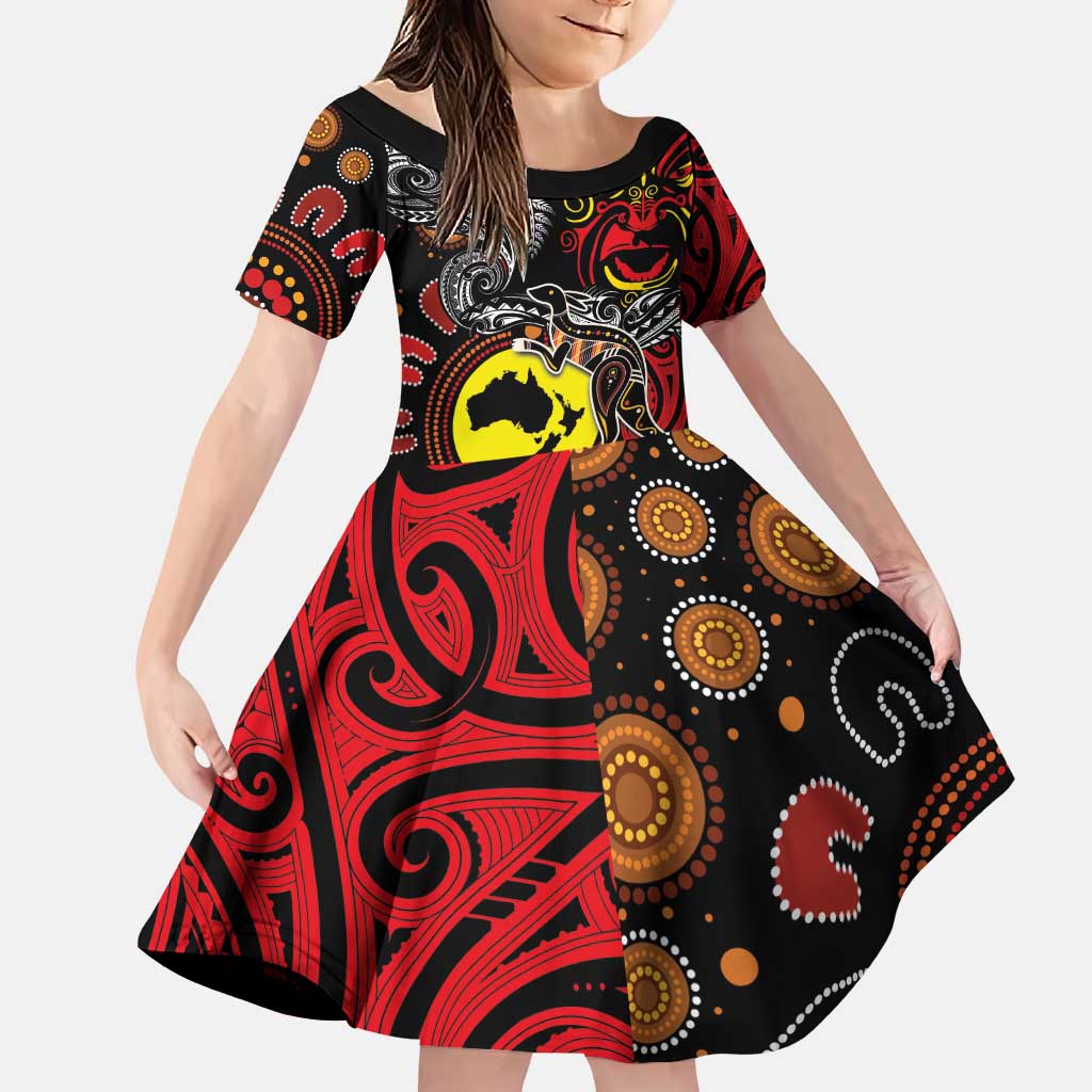 Aotearoa and Australia Toitu Te Tiriti Family Matching Puletasi and Hawaiian Shirt Honour the Treaty - Stand Together Stand Stronger LT03 Daughter's Dress Black - Polynesian Pride