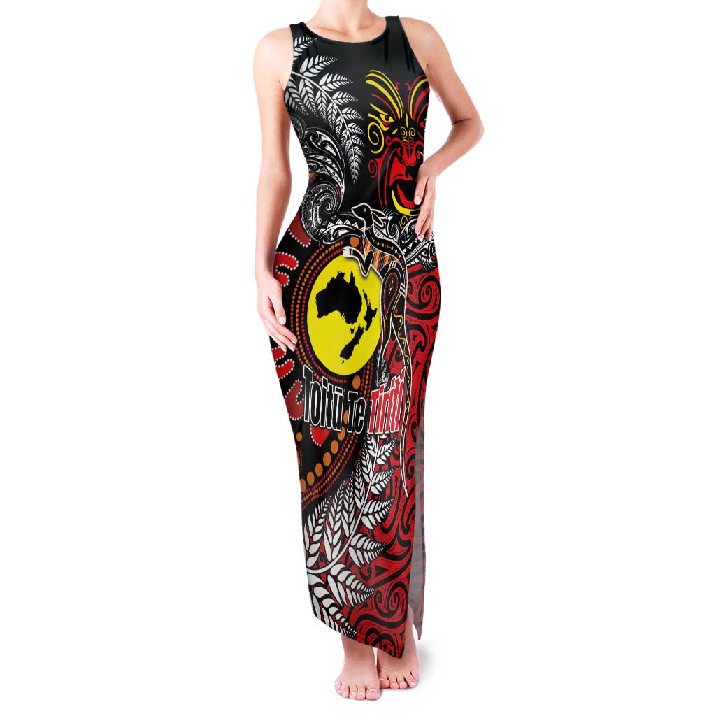 Aotearoa and Australia Toitu Te Tiriti Family Matching Tank Maxi Dress and Hawaiian Shirt Honour the Treaty - Stand Together Stand Stronger LT03 Mom's Dress Black - Polynesian Pride
