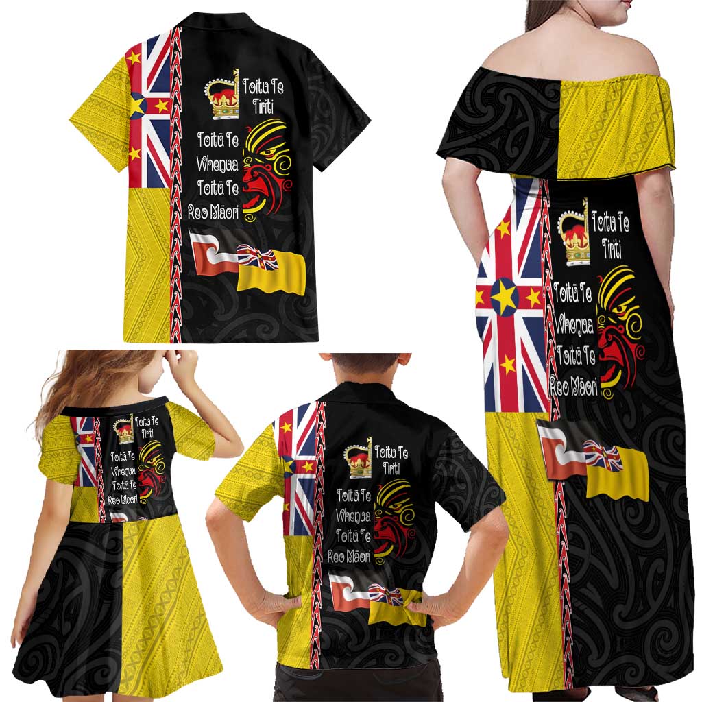 Aotearoa and Niue Toitu Te Tiriti Family Matching Off Shoulder Maxi Dress and Hawaiian Shirt Honour the Treaty - Fight Together Stand Together