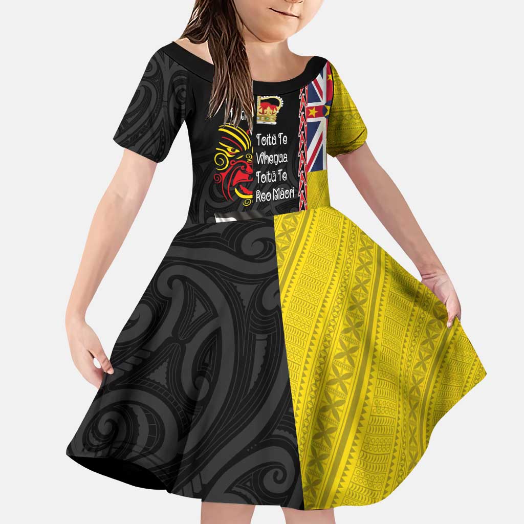Aotearoa and Niue Toitu Te Tiriti Family Matching Puletasi and Hawaiian Shirt Honour the Treaty - Fight Together Stand Together LT03 Daughter's Dress Black - Polynesian Pride