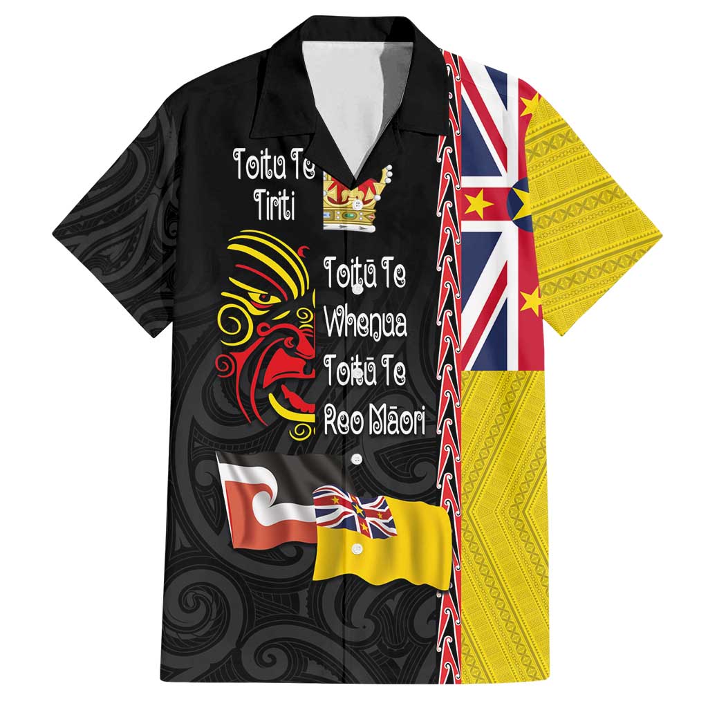 Aotearoa and Niue Toitu Te Tiriti Family Matching Puletasi and Hawaiian Shirt Honour the Treaty - Fight Together Stand Together LT03 Dad's Shirt - Short Sleeve Black - Polynesian Pride