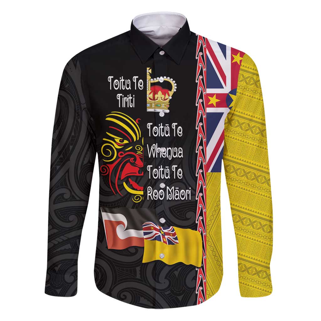 Aotearoa and Niue Toitu Te Tiriti Family Matching Puletasi and Hawaiian Shirt Honour the Treaty - Fight Together Stand Together LT03 Dad's Shirt - Long Sleeve Black - Polynesian Pride