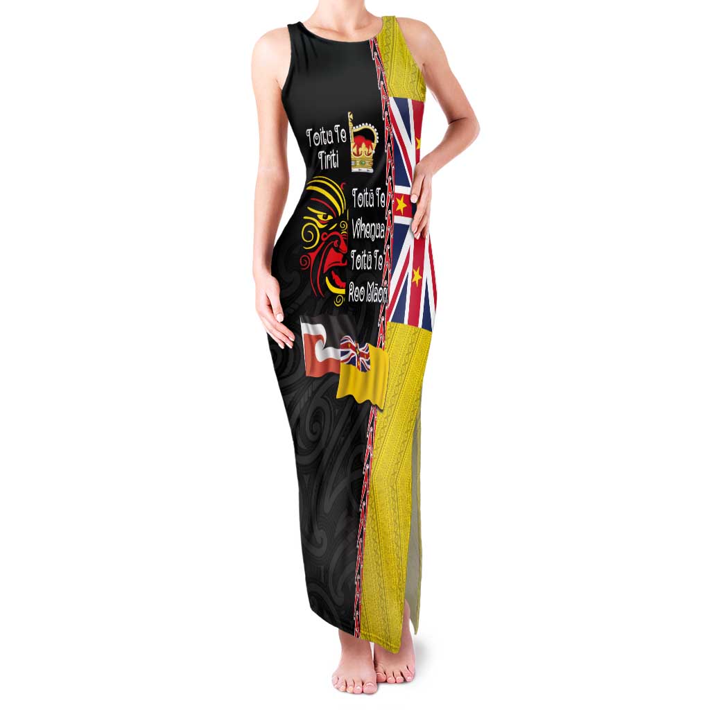 Aotearoa and Niue Toitu Te Tiriti Family Matching Tank Maxi Dress and Hawaiian Shirt Honour the Treaty - Fight Together Stand Together LT03 Mom's Dress Black - Polynesian Pride