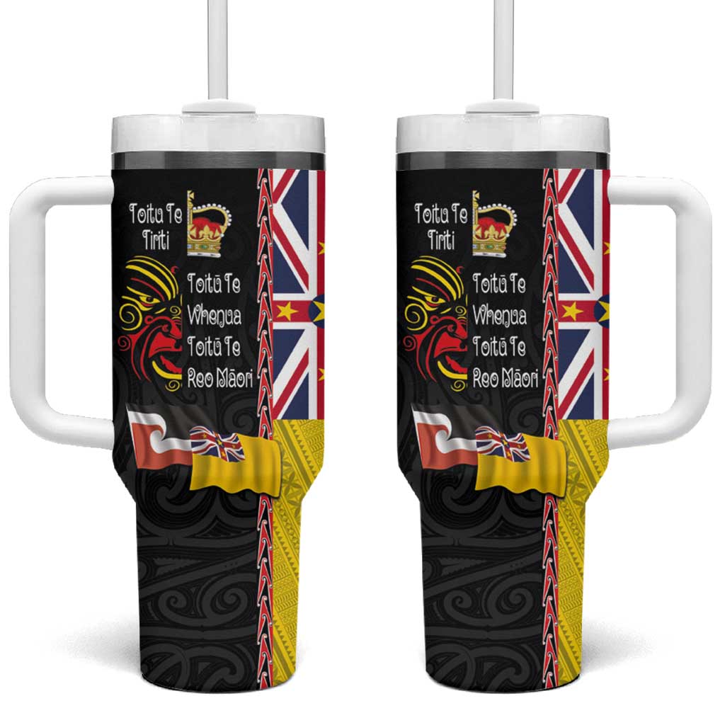Aotearoa and Niue Toitu Te Tiriti Tumbler With Handle Honour the Treaty - Fight Together Stand Together LT03 One Size: 40 oz Black - Polynesian Pride