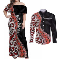 Aotearoa Maori Stylized Koru - Silver Ferns Couples Matching Off Shoulder Maxi Dress and Long Sleeve Button Shirt
