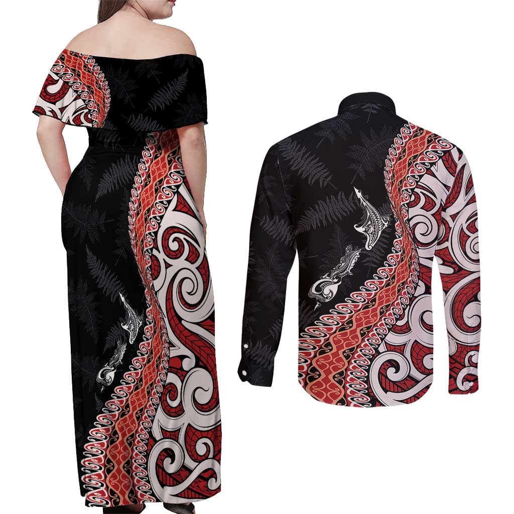 Aotearoa Maori Stylized Koru - Silver Ferns Couples Matching Off Shoulder Maxi Dress and Long Sleeve Button Shirt