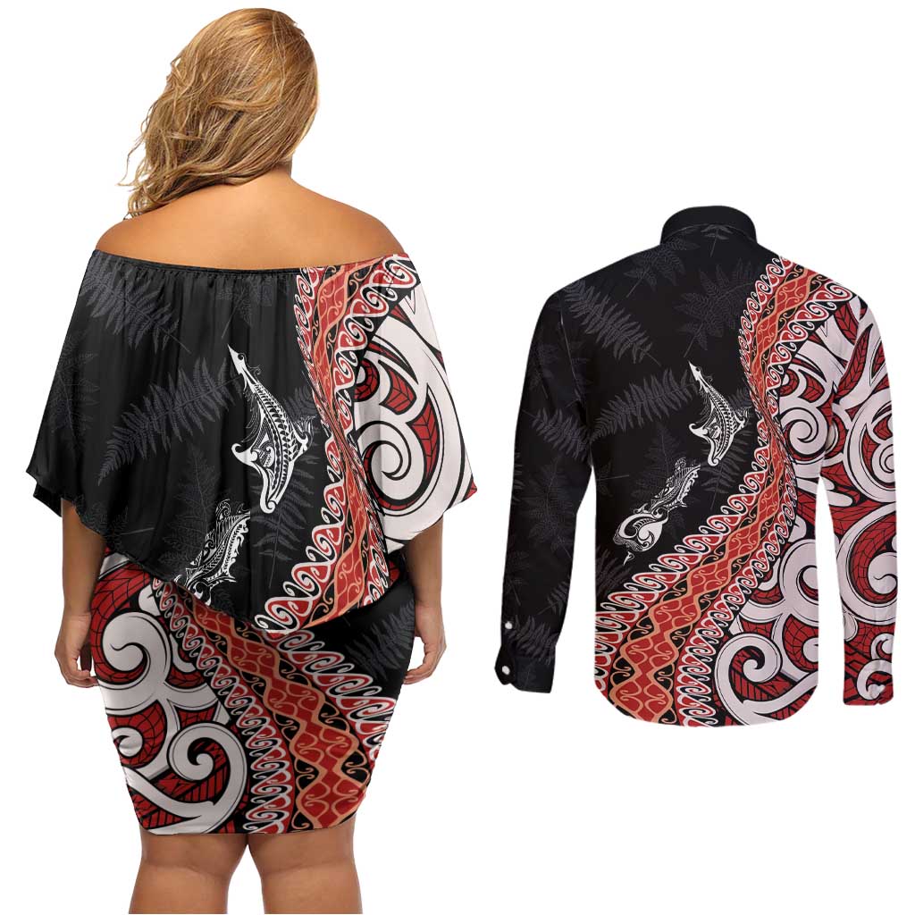 Aotearoa Maori Stylized Koru - Silver Ferns Couples Matching Off Shoulder Short Dress and Long Sleeve Button Shirt