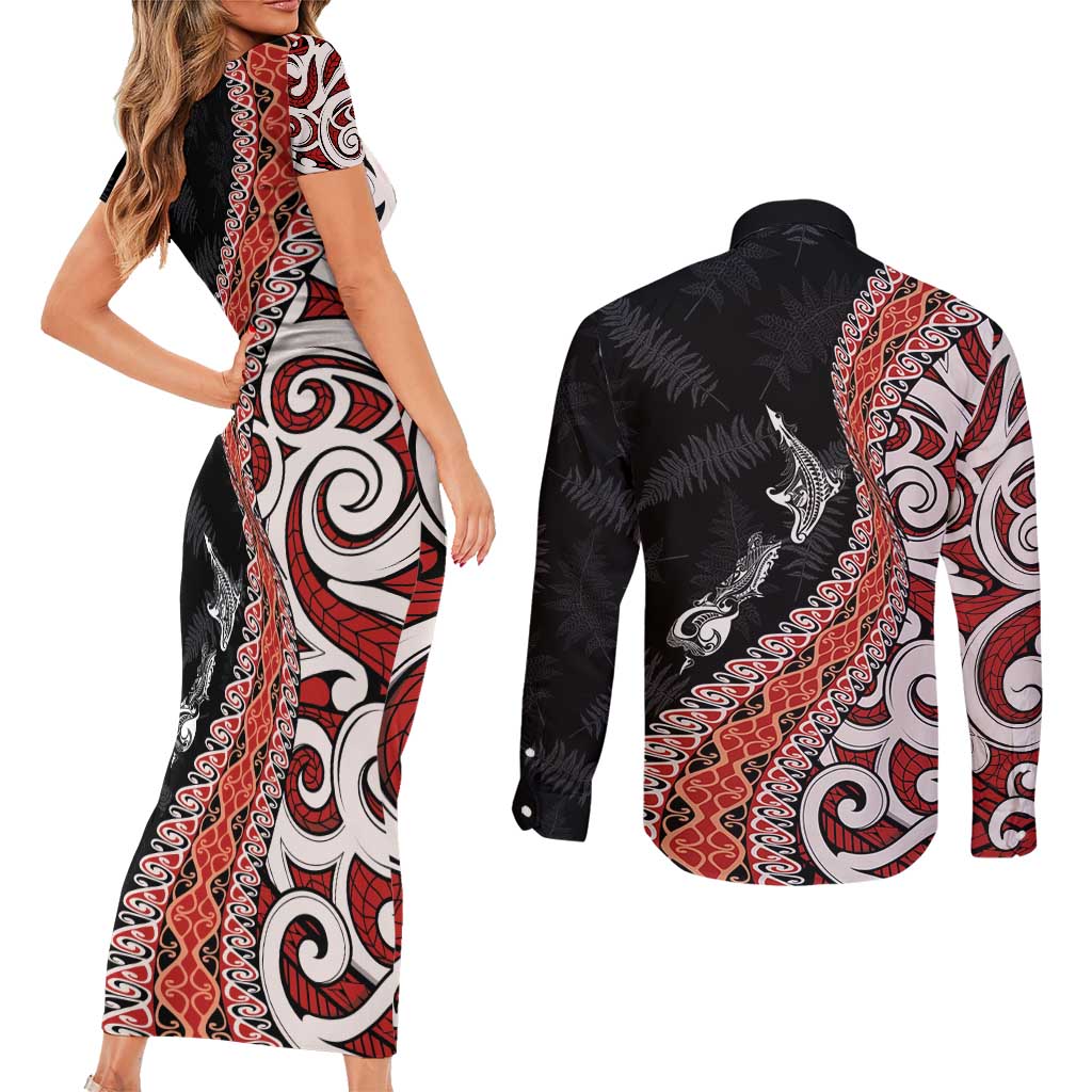 Aotearoa Maori Stylized Koru - Silver Ferns Couples Matching Short Sleeve Bodycon Dress and Long Sleeve Button Shirt