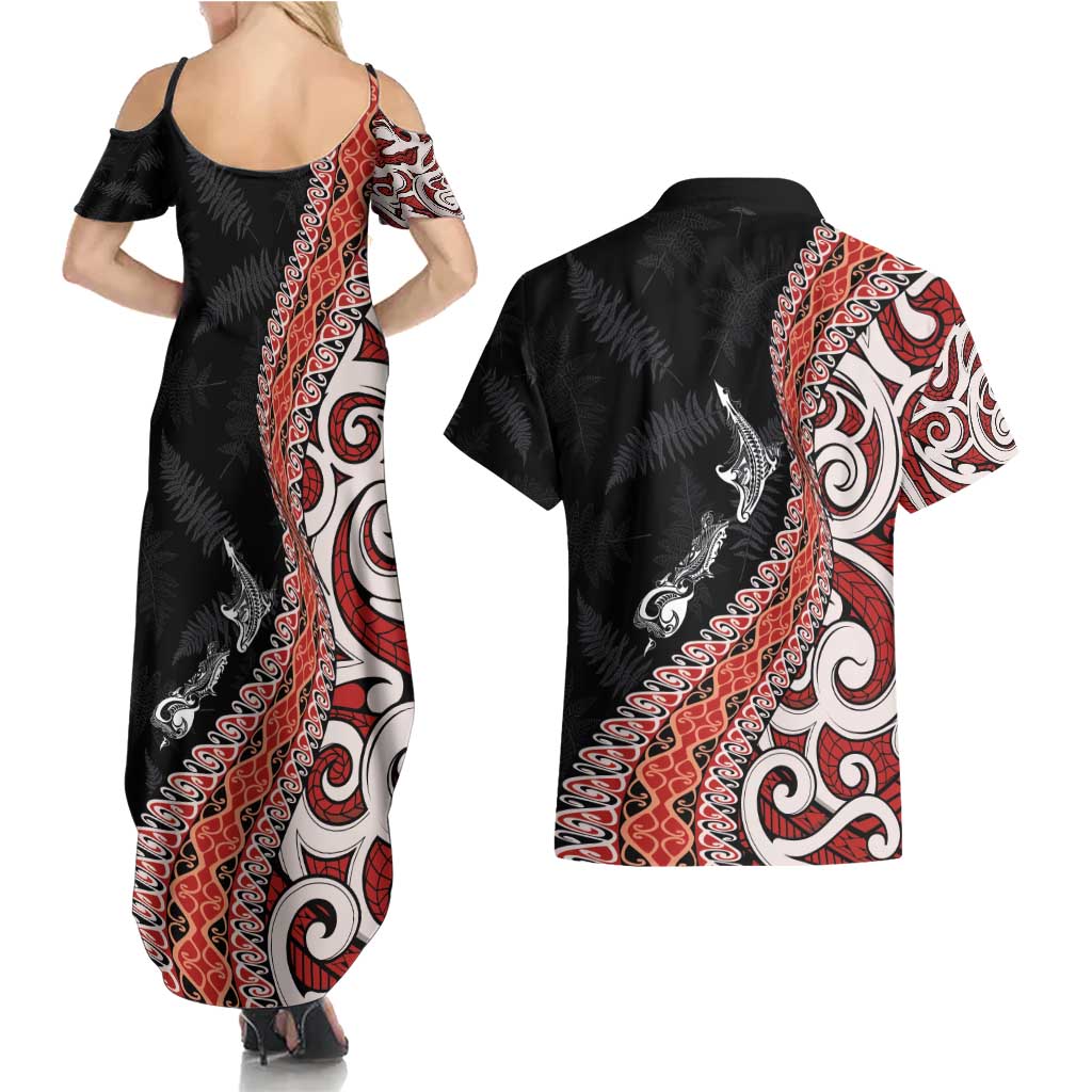 Aotearoa Maori Stylized Koru - Silver Ferns Couples Matching Summer Maxi Dress and Hawaiian Shirt