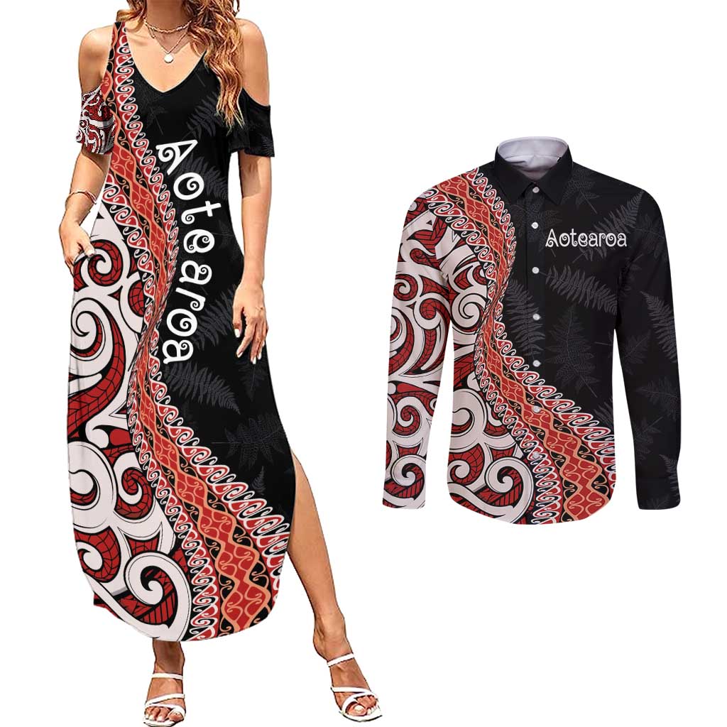 Aotearoa Maori Stylized Koru - Silver Ferns Couples Matching Summer Maxi Dress and Long Sleeve Button Shirt