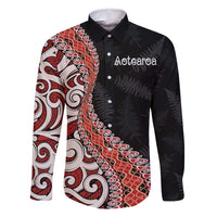 Aotearoa Maori Stylized Koru - Silver Ferns Family Matching Off Shoulder Maxi Dress and Hawaiian Shirt LT03 Dad's Shirt - Long Sleeve Red - Polynesian Pride