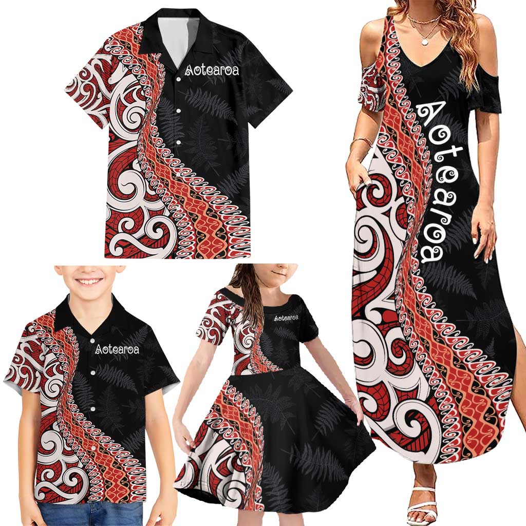 Aotearoa Maori Stylized Koru - Silver Ferns Family Matching Summer Maxi Dress and Hawaiian Shirt LT03 - Polynesian Pride