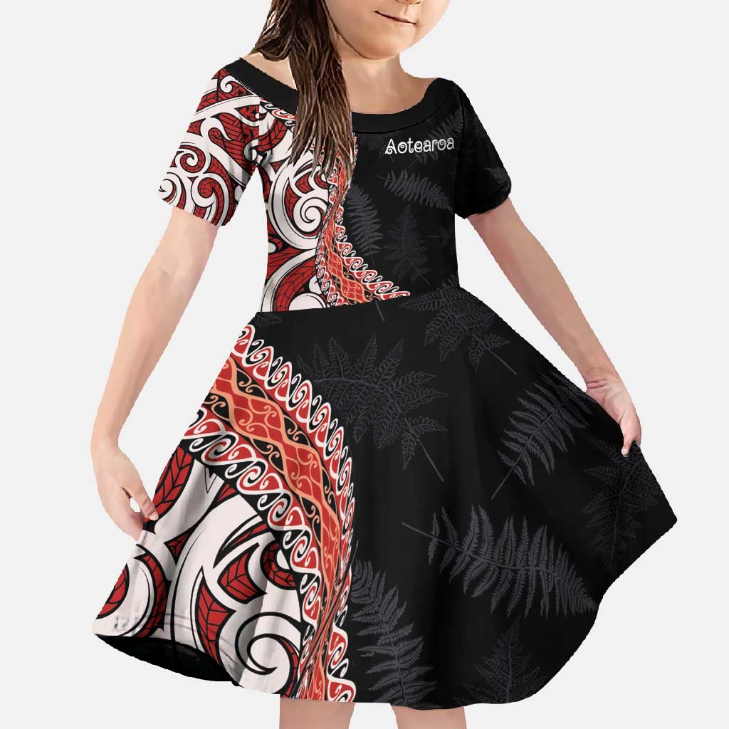 Aotearoa Maori Stylized Koru - Silver Ferns Family Matching Tank Maxi Dress and Hawaiian Shirt LT03 Daughter's Dress Red - Polynesian Pride