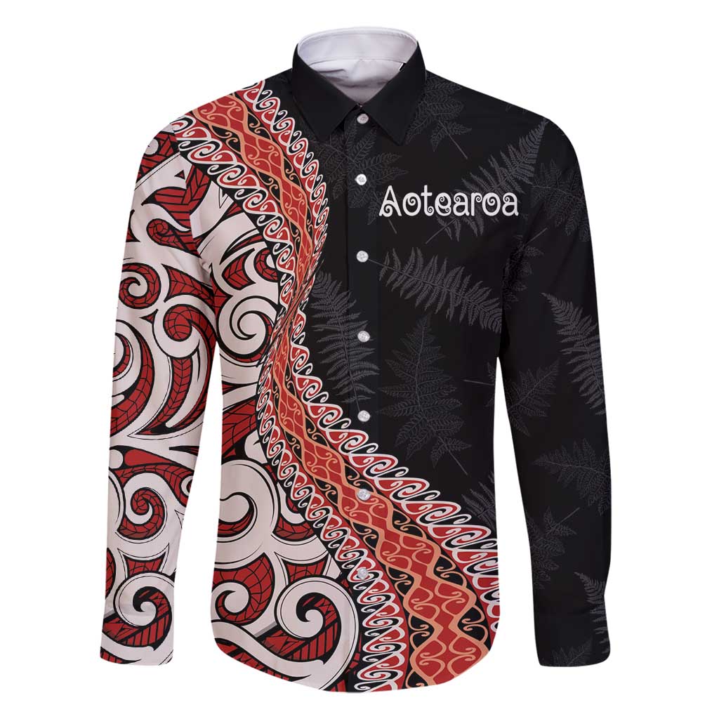 Aotearoa Maori Stylized Koru - Silver Ferns Family Matching Tank Maxi Dress and Hawaiian Shirt LT03 Dad's Shirt - Long Sleeve Red - Polynesian Pride