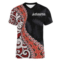 Aotearoa Maori Stylized Koru - Silver Ferns Women V-Neck T-Shirt LT03 Female Red - Polynesian Pride