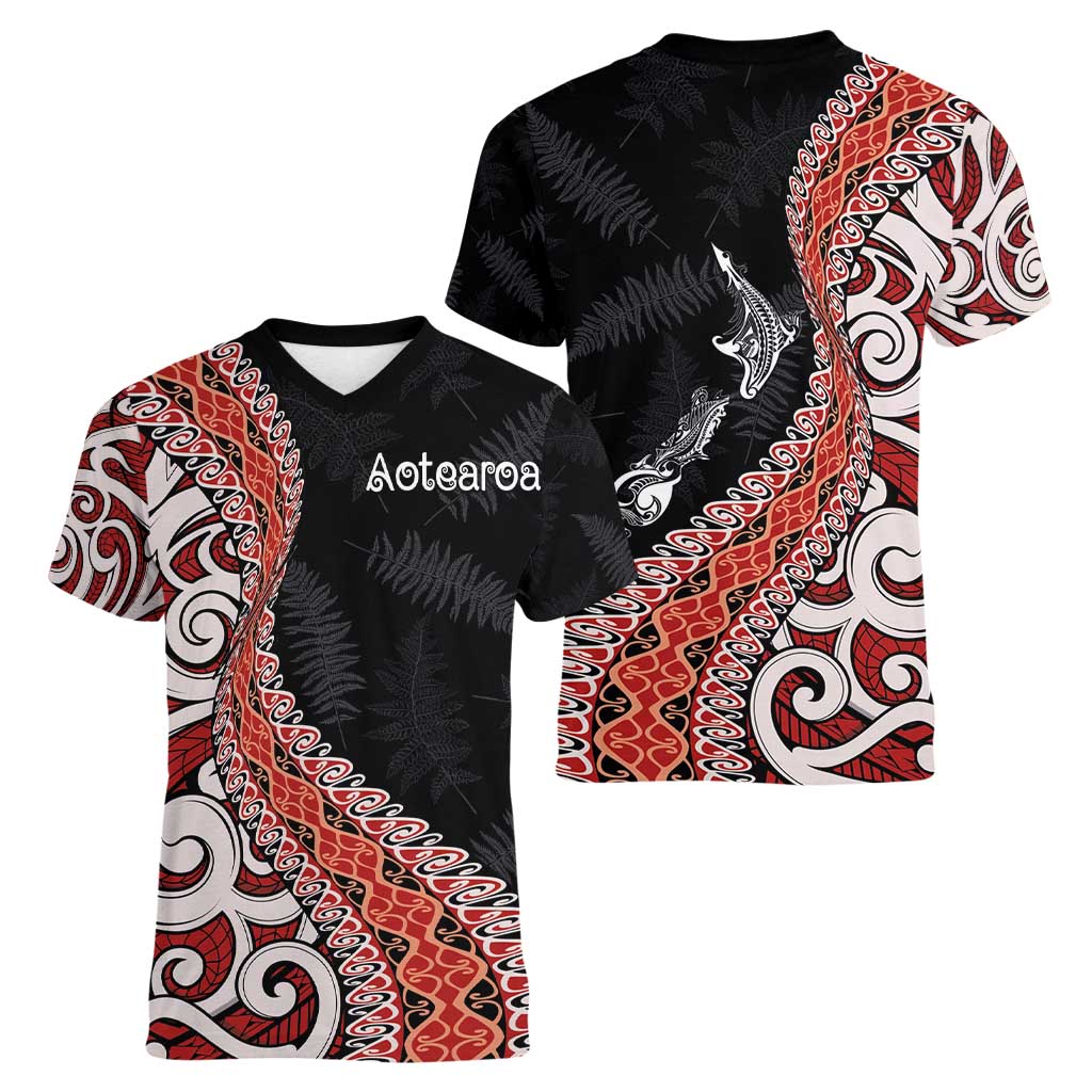 Aotearoa Maori Stylized Koru - Silver Ferns Women V-Neck T-Shirt LT03 - Polynesian Pride