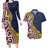 Aotearoa and Niue Couples Matching Long Sleeve Bodycon Dress and Hawaiian Shirt Hiapo Maori Stylized Koru