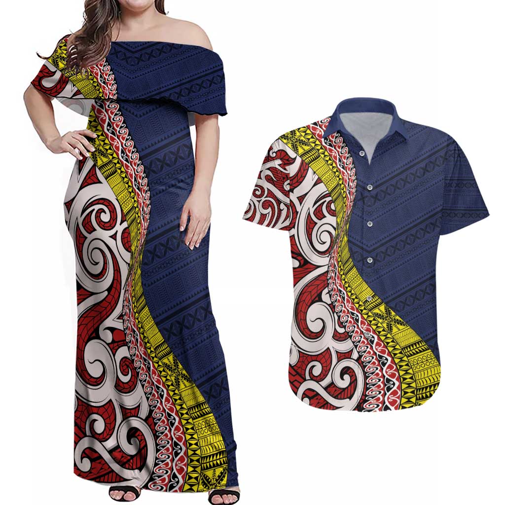 Aotearoa and Niue Couples Matching Off Shoulder Maxi Dress and Hawaiian Shirt Hiapo Maori Stylized Koru LT03 Blue - Polynesian Pride