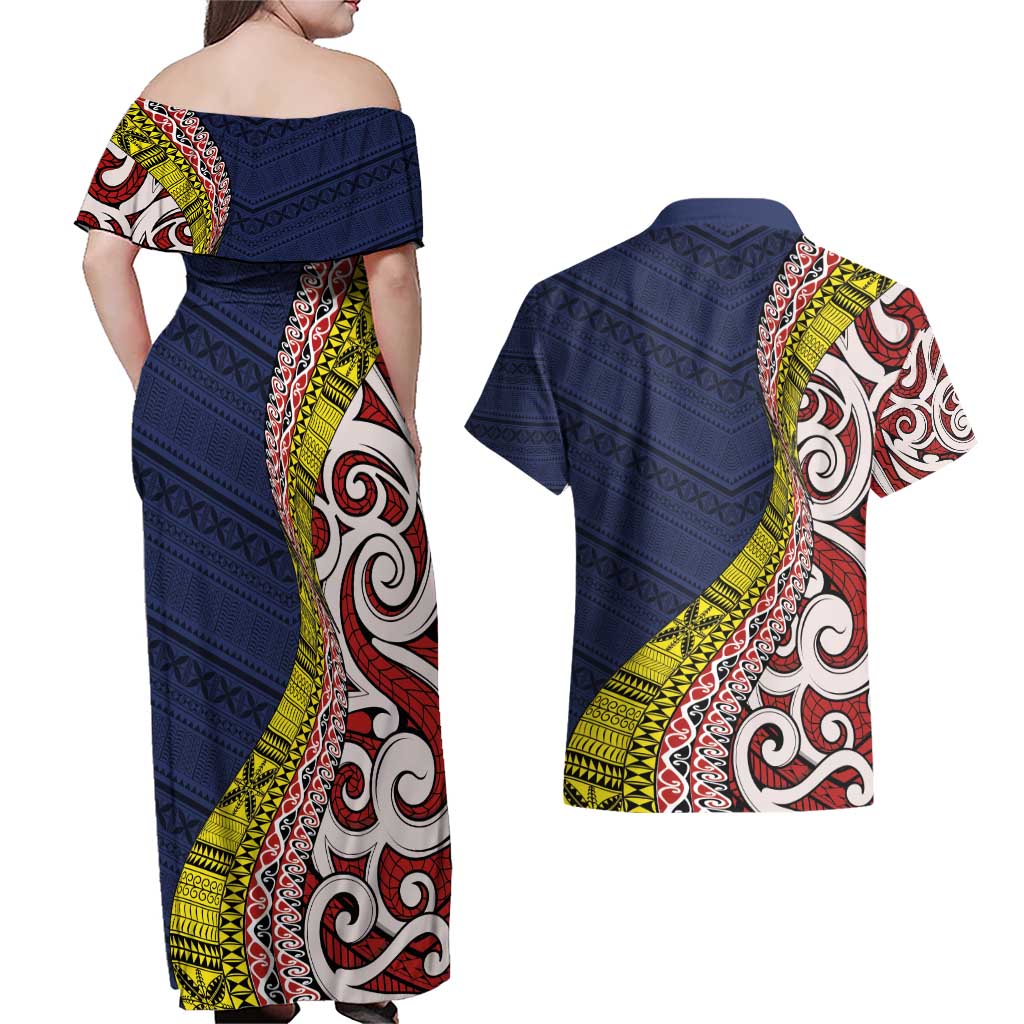 Aotearoa and Niue Couples Matching Off Shoulder Maxi Dress and Hawaiian Shirt Hiapo Maori Stylized Koru LT03 - Polynesian Pride