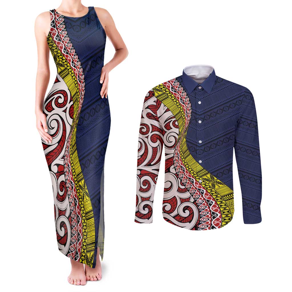 Aotearoa and Niue Couples Matching Tank Maxi Dress and Long Sleeve Button Shirt Hiapo Maori Stylized Koru LT03 Blue - Polynesian Pride