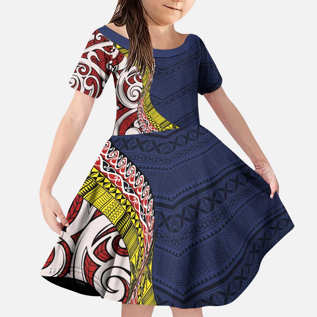 Aotearoa and Niue Family Matching Puletasi and Hawaiian Shirt Hiapo Maori Stylized Koru LT03 Daughter's Dress Blue - Polynesian Pride