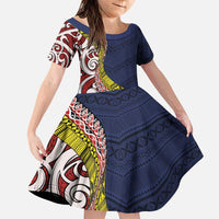 Aotearoa and Niue Family Matching Puletasi and Hawaiian Shirt Hiapo Maori Stylized Koru LT03 Daughter's Dress Blue - Polynesian Pride