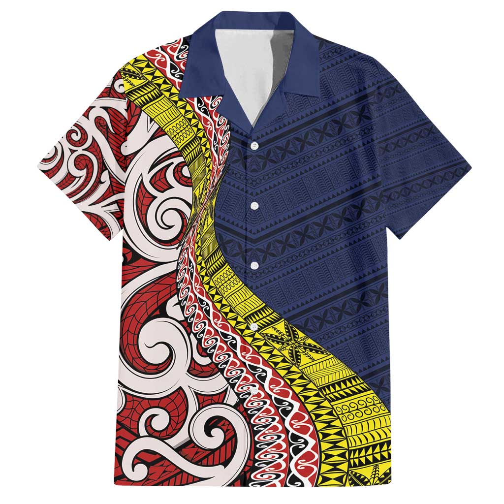 Aotearoa and Niue Family Matching Puletasi and Hawaiian Shirt Hiapo Maori Stylized Koru LT03 Dad's Shirt - Short Sleeve Blue - Polynesian Pride
