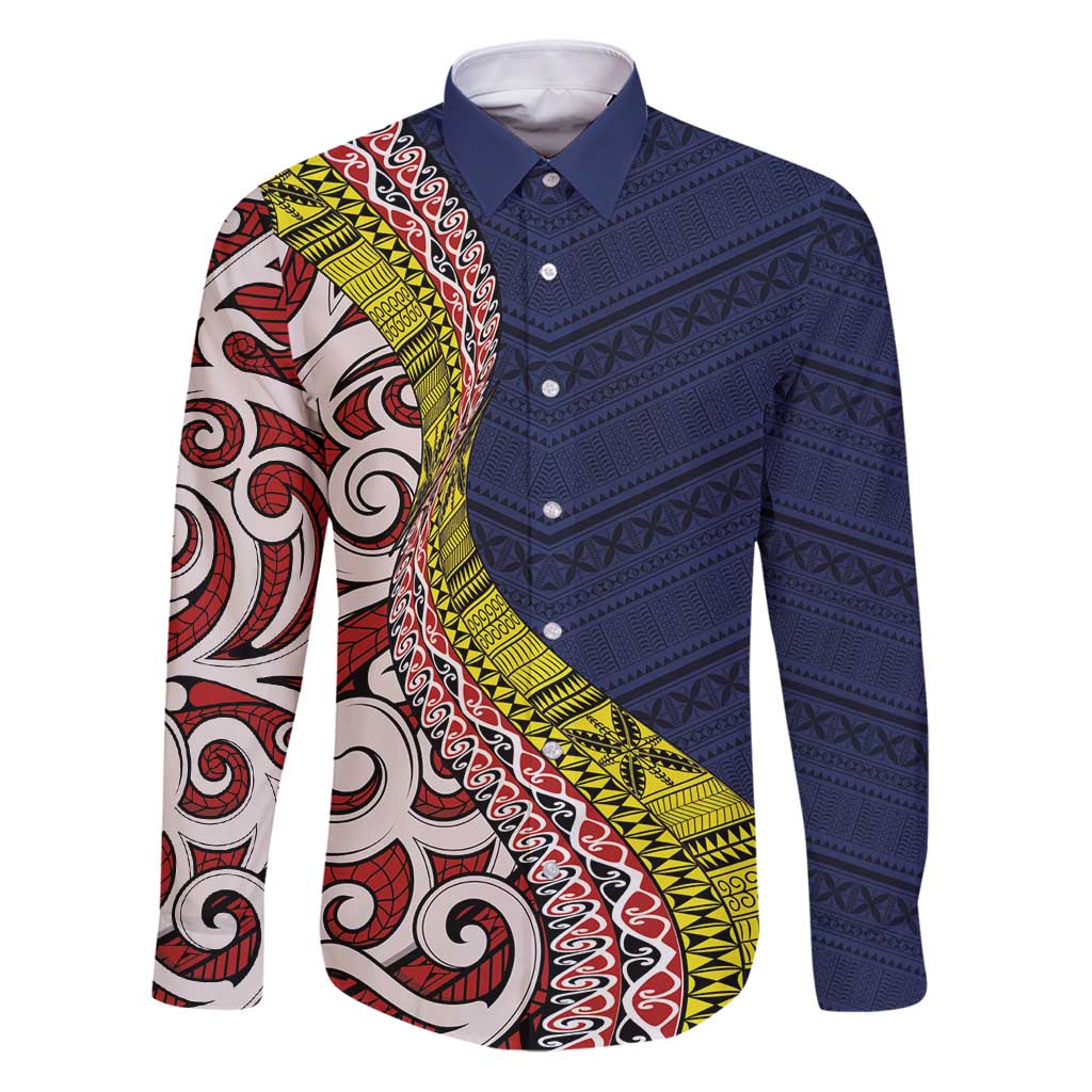 Aotearoa and Niue Family Matching Puletasi and Hawaiian Shirt Hiapo Maori Stylized Koru LT03 Dad's Shirt - Long Sleeve Blue - Polynesian Pride