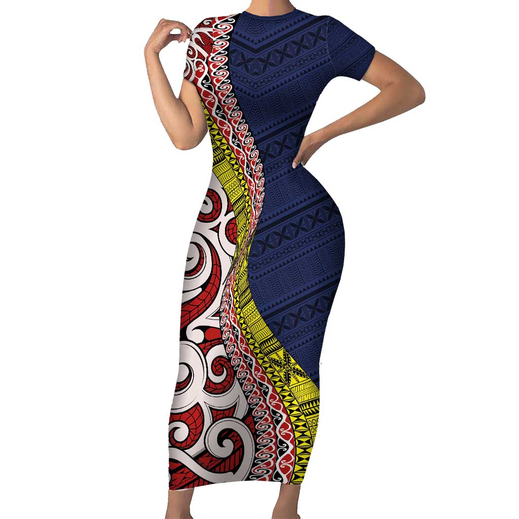 Aotearoa and Niue Short Sleeve Bodycon Dress Hiapo Maori Stylized Koru