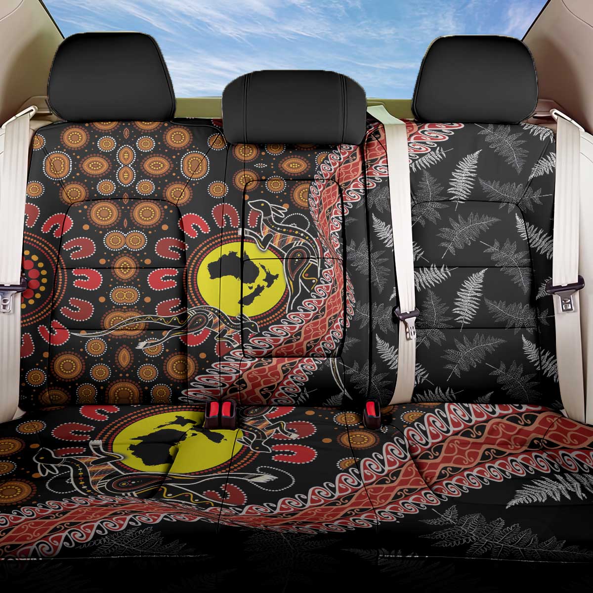 Aotearoa and Australia Back Car Seat Cover Maori Koru Ferns With Aboriginal Kangaroo