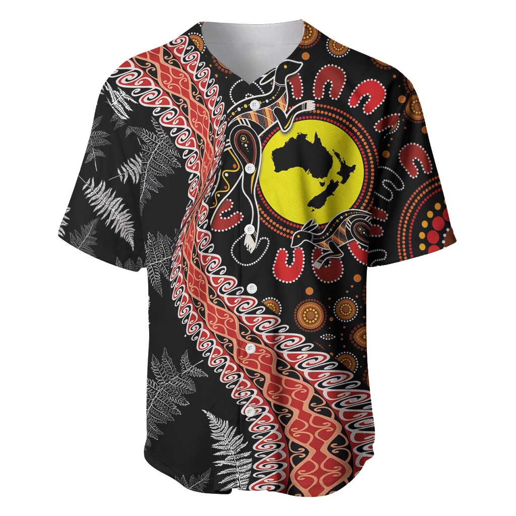 Aotearoa and Australia Baseball Jersey Maori Koru Ferns With Aboriginal Kangaroo LT03 Black - Polynesian Pride