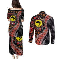 Aotearoa and Australia Couples Matching Puletasi and Long Sleeve Button Shirt Maori Koru Ferns With Aboriginal Kangaroo