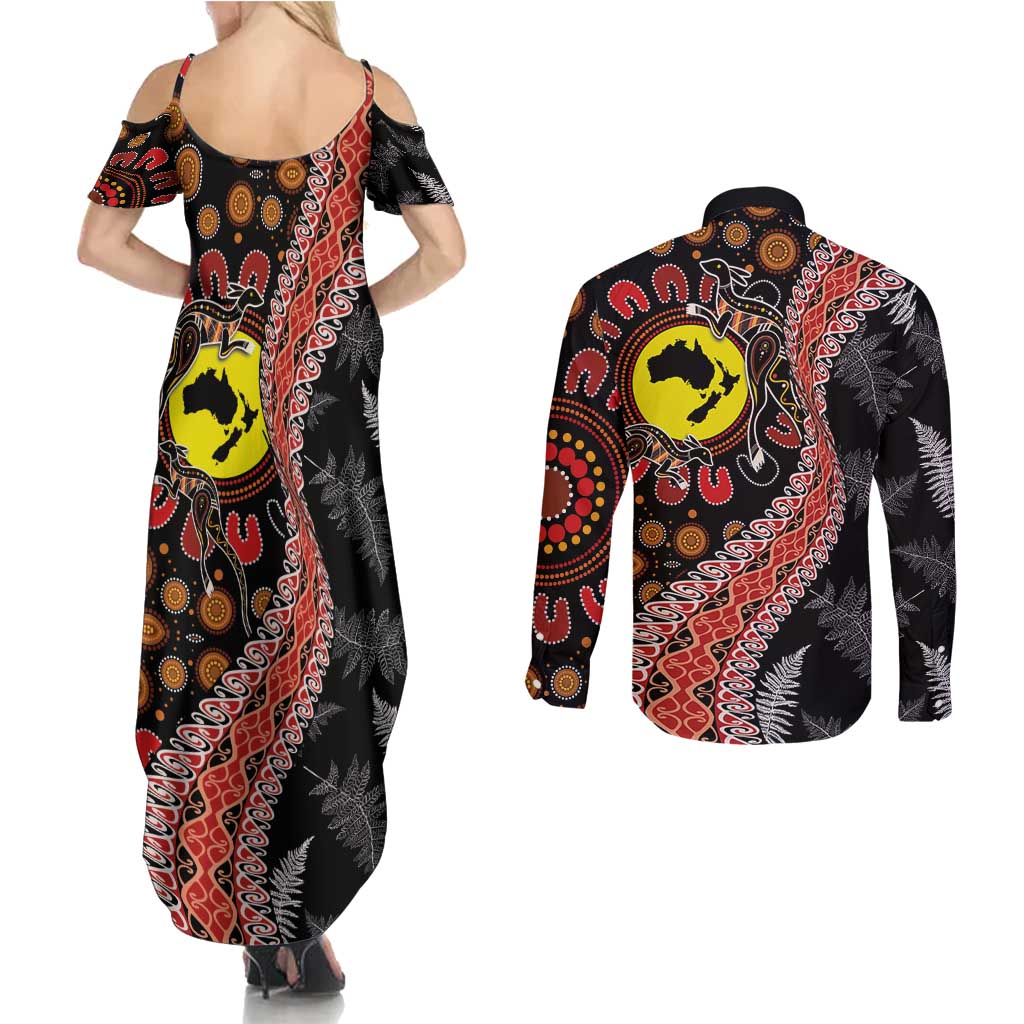 Aotearoa and Australia Couples Matching Summer Maxi Dress and Long Sleeve Button Shirt Maori Koru Ferns With Aboriginal Kangaroo