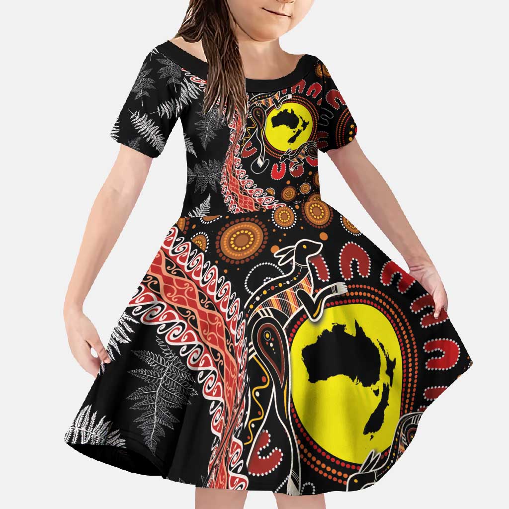 Aotearoa and Australia Family Matching Long Sleeve Bodycon Dress and Hawaiian Shirt Maori Koru Ferns With Aboriginal Kangaroo LT03 Daughter's Dress Black - Polynesian Pride