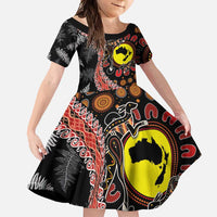 Aotearoa and Australia Family Matching Long Sleeve Bodycon Dress and Hawaiian Shirt Maori Koru Ferns With Aboriginal Kangaroo LT03 Daughter's Dress Black - Polynesian Pride