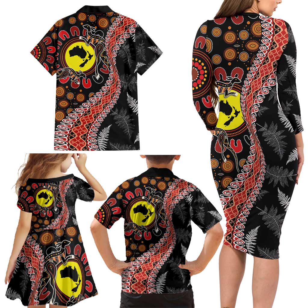 Aotearoa and Australia Family Matching Long Sleeve Bodycon Dress and Hawaiian Shirt Maori Koru Ferns With Aboriginal Kangaroo LT03 - Polynesian Pride