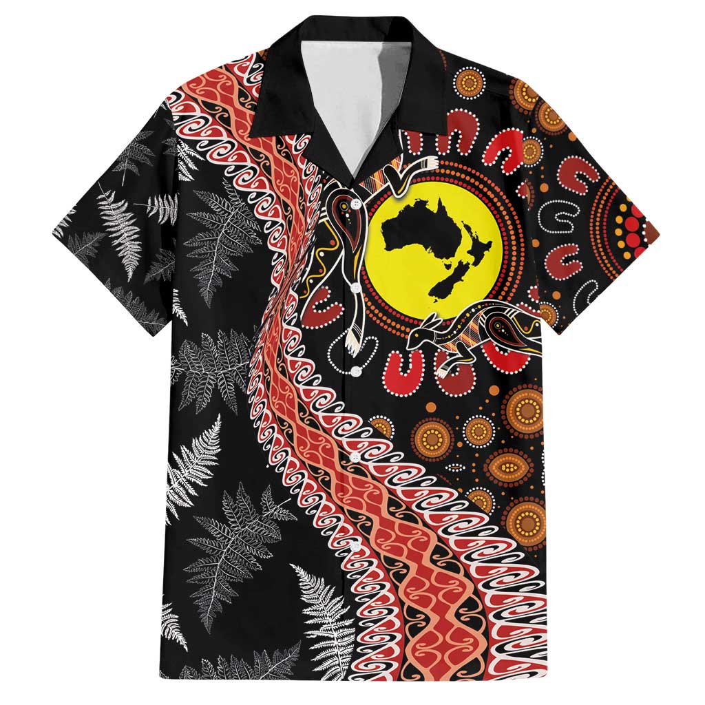 Aotearoa and Australia Family Matching Long Sleeve Bodycon Dress and Hawaiian Shirt Maori Koru Ferns With Aboriginal Kangaroo LT03 Dad's Shirt - Short Sleeve Black - Polynesian Pride