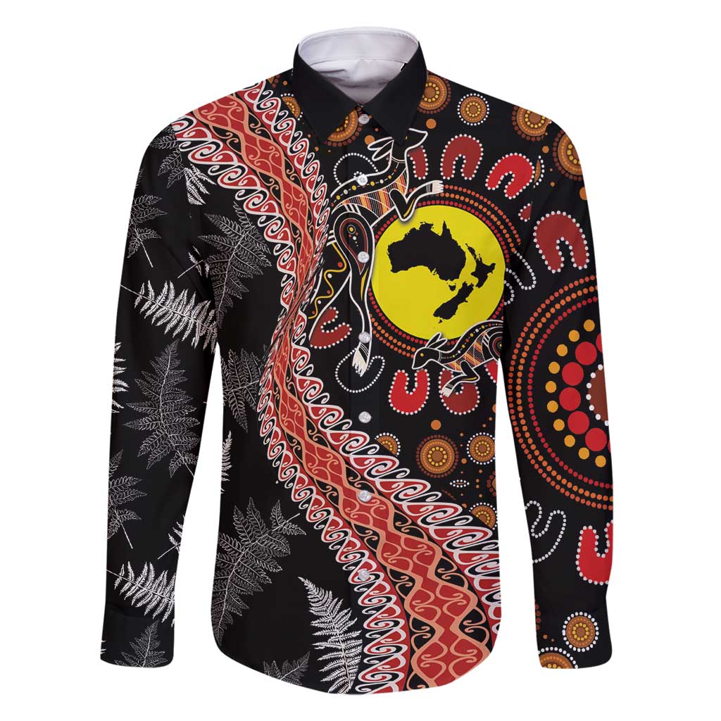 Aotearoa and Australia Family Matching Long Sleeve Bodycon Dress and Hawaiian Shirt Maori Koru Ferns With Aboriginal Kangaroo LT03 Dad's Shirt - Long Sleeve Black - Polynesian Pride