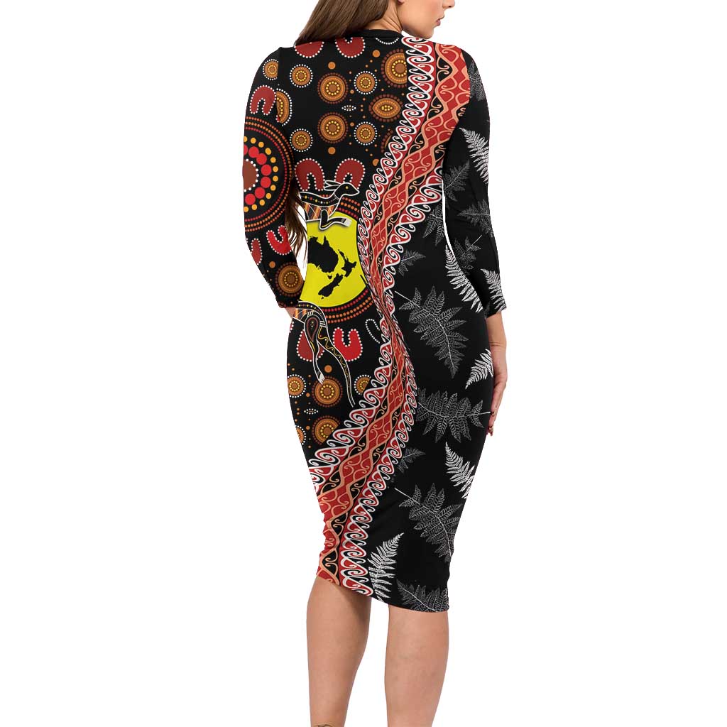 Aotearoa and Australia Family Matching Long Sleeve Bodycon Dress and Hawaiian Shirt Maori Koru Ferns With Aboriginal Kangaroo LT03 - Polynesian Pride