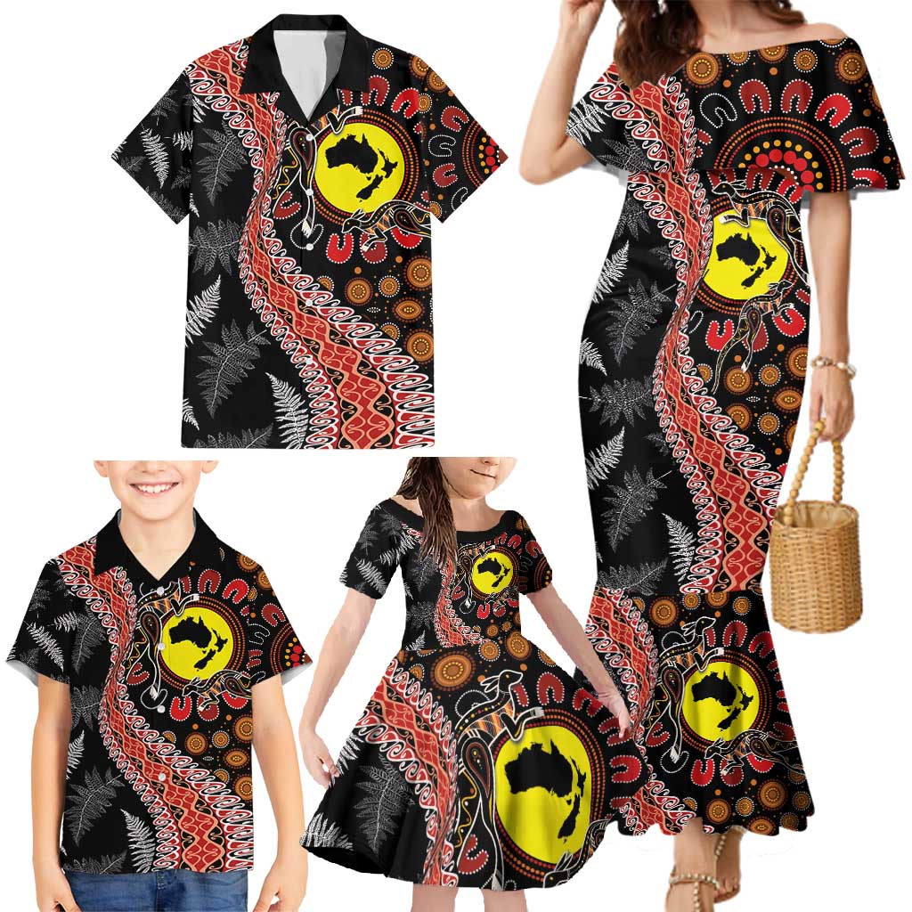 Aotearoa and Australia Family Matching Mermaid Dress and Hawaiian Shirt Maori Koru Ferns With Aboriginal Kangaroo LT03 - Polynesian Pride