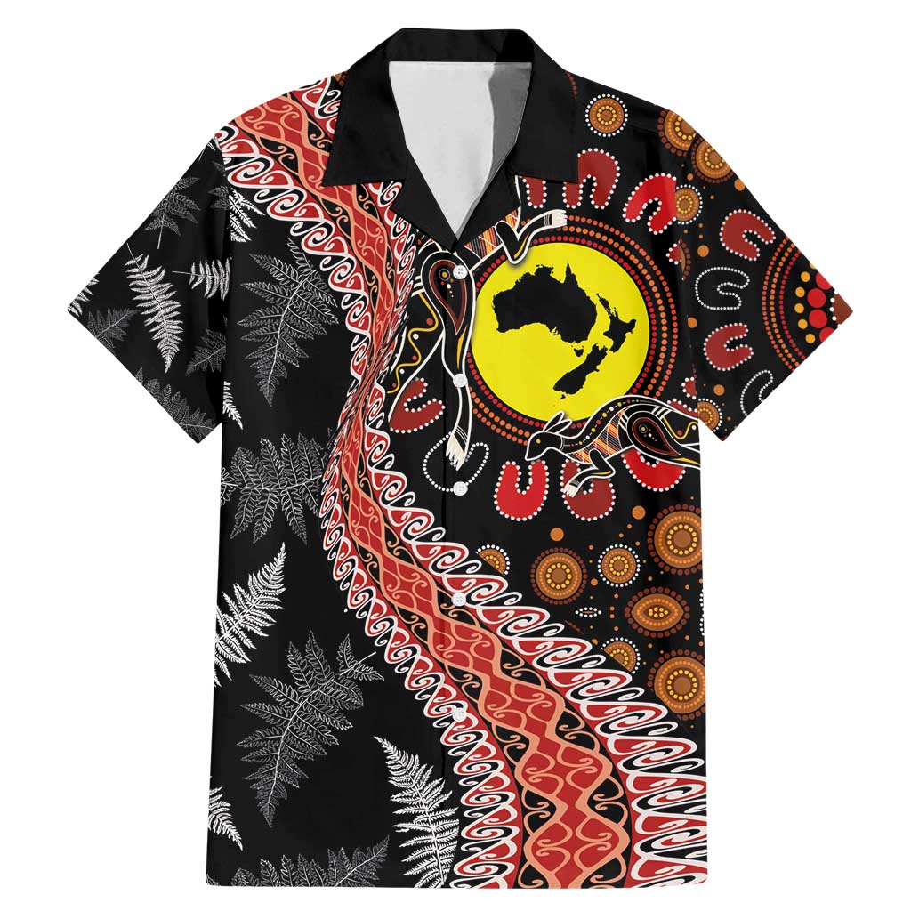 Aotearoa and Australia Family Matching Mermaid Dress and Hawaiian Shirt Maori Koru Ferns With Aboriginal Kangaroo LT03 Dad's Shirt - Short Sleeve Black - Polynesian Pride