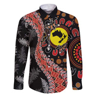 Aotearoa and Australia Family Matching Mermaid Dress and Hawaiian Shirt Maori Koru Ferns With Aboriginal Kangaroo LT03 Dad's Shirt - Long Sleeve Black - Polynesian Pride