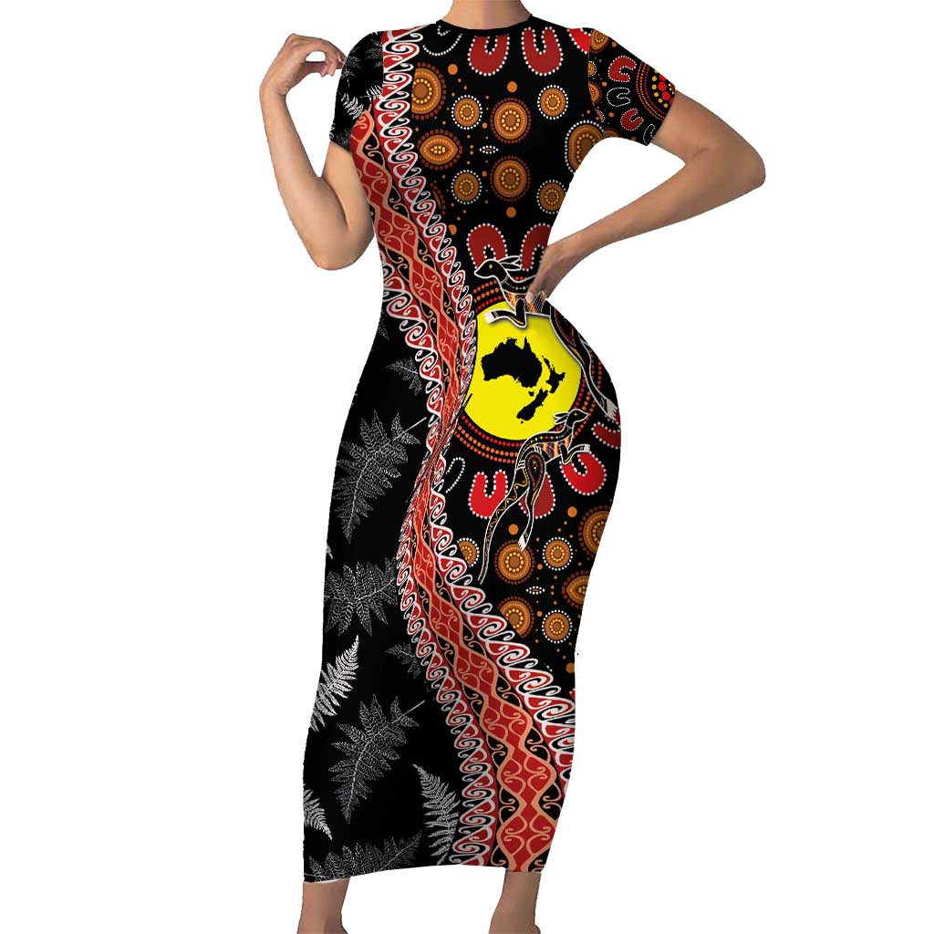 Aotearoa and Australia Family Matching Short Sleeve Bodycon Dress and Hawaiian Shirt Maori Koru Ferns With Aboriginal Kangaroo LT03 Mom's Dress Black - Polynesian Pride