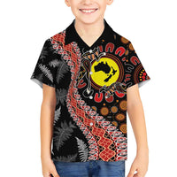 Aotearoa and Australia Family Matching Short Sleeve Bodycon Dress and Hawaiian Shirt Maori Koru Ferns With Aboriginal Kangaroo LT03 Son's Shirt Black - Polynesian Pride
