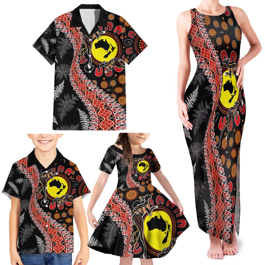 Aotearoa and Australia Family Matching Tank Maxi Dress and Hawaiian Shirt Maori Koru Ferns With Aboriginal Kangaroo LT03 - Polynesian Pride