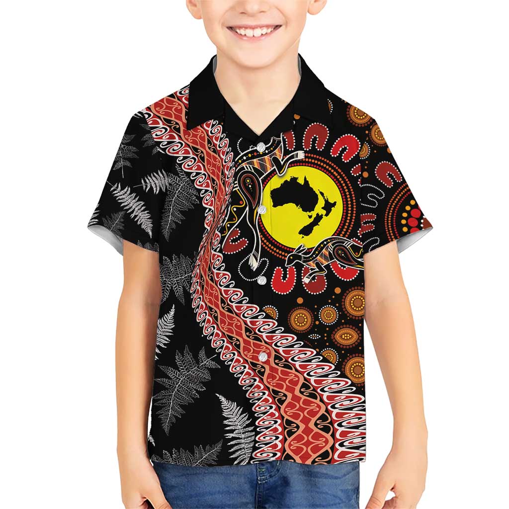 Aotearoa and Australia Kid Hawaiian Shirt Maori Koru Ferns With Aboriginal Kangaroo LT03 Kid Black - Polynesian Pride