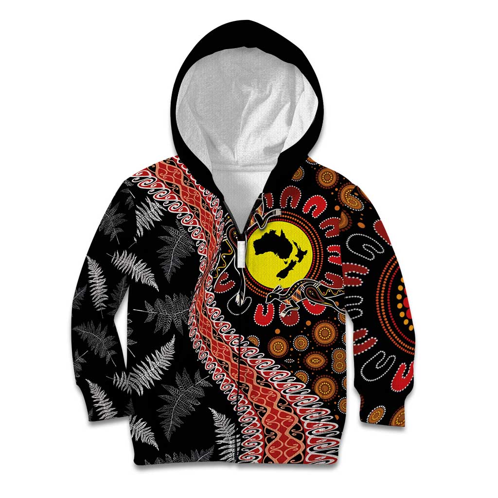 Aotearoa and Australia Kid Hoodie Maori Koru Ferns With Aboriginal Kangaroo