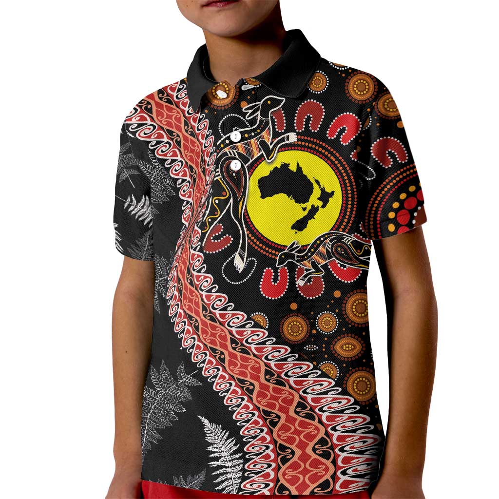 Aotearoa and Australia Kid Polo Shirt Maori Koru Ferns With Aboriginal Kangaroo LT03 Kid Black - Polynesian Pride