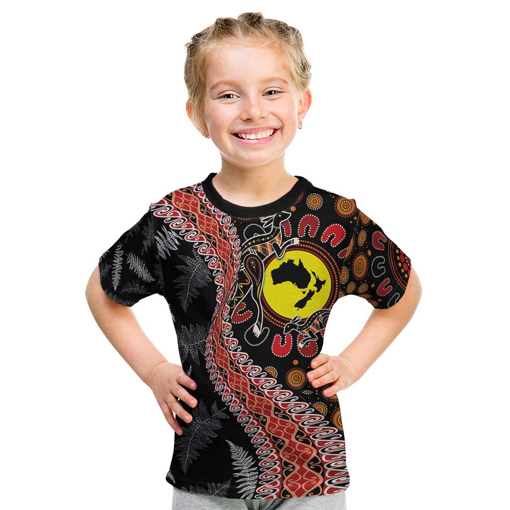 Aotearoa and Australia Kid T Shirt Maori Koru Ferns With Aboriginal Kangaroo LT03 Black - Polynesian Pride